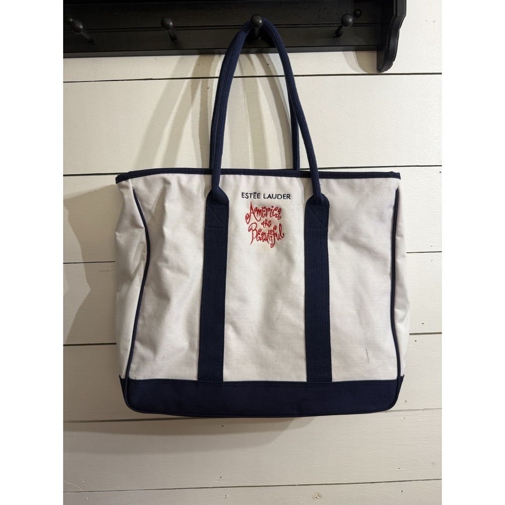 ESTEE LAUDER White Navy Canvas Tote Bag America The Beautiful Stars Travel USA
